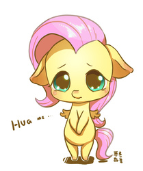 Size: 1000x1197 | Tagged: safe, artist:mrs1989, fluttershy, pony, g4, blushing, bronybait, chibi, cute, female, floppy ears, frown, hnnng, hug request, shy, shyabetes, simple background, solo, white background