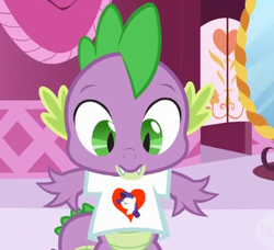 Size: 339x309 | Tagged: safe, screencap, rarity, spike, dragon, g4, green isn't your color, clothes, cute, fangs, female, heart, looking down, male, ship:sparity, shipping, shipping fuel, solo, spikabetes, straight, t-shirt