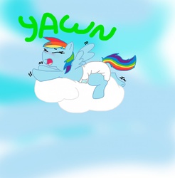 Size: 1258x1280 | Tagged: safe, artist:glitterpanda, rainbow dash, g4, diaper, female, non-baby in diaper, solo, yawn