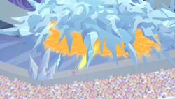 Size: 1266x720 | Tagged: safe, screencap, spike, dragon, equestria games (episode), g4, animation error, crystal stadium, dragonfire, equestria games, fire, fire breath, ice, ice cloud, male, solo