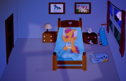 Size: 1280x831 | Tagged: safe, artist:puppyluvs, scootaloo, semi-anthro, g4, bed, bedwetting, diaper, diaper fetish, fanfic art, female, lamp, night, non-baby in diaper, pissing, scooter, urine, wet diaper, wetting