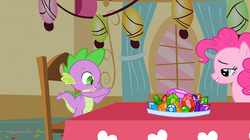 Size: 1280x718 | Tagged: safe, screencap, pinkie pie, spike, g4, party of one, gem, lidded eyes, out of context