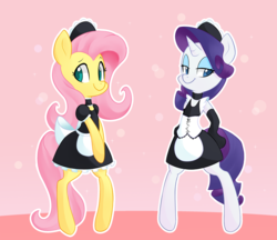 Size: 1391x1200 | Tagged: safe, artist:hidden-cat, fluttershy, rarity, pony, semi-anthro, g4, bipedal, clothes, maid, smiling