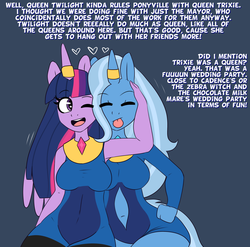 Size: 1280x1264 | Tagged: safe, artist:somescrub, trixie, twilight sparkle, anthro, hugtastic pinkie pie, g4, female, horn, horn ring, lesbian, married, married couple, ship:twixie, shipping, twilight sparkle (alicorn), wedding ring