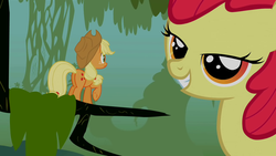 Size: 1280x720 | Tagged: safe, screencap, apple bloom, applejack, earth pony, pony, bridle gossip, g4, appletini, butt, female, mare, micro, plot