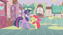 Size: 1280x720 | Tagged: safe, screencap, apple bloom, twilight sparkle, earth pony, pony, unicorn, call of the cutie, g4, duo, eyes closed, female, filly, foal, kitchen, mare, mess, unicorn twilight