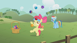 Size: 1280x720 | Tagged: safe, screencap, apple bloom, rainbow dash, earth pony, pegasus, pony, call of the cutie, g4, ball, basket, female, filly, juggling, mare