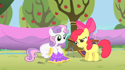 Size: 1280x720 | Tagged: safe, screencap, apple bloom, sweetie belle, earth pony, pony, unicorn, g4, the show stoppers, duo, five legs, sweetie fail