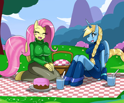 Size: 1918x1591 | Tagged: safe, artist:ss2sonic, fluttershy, oc, alicorn, anthro, unguligrade anthro, g4, alicorn oc, breasts, busty fluttershy, cake, clothes, female, picnic, sweater, sweatershy