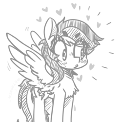 Size: 510x519 | Tagged: dead source, safe, artist:xieril, rainbow dash, pegasus, pony, g4, beanbrows, chest fluff, cute, dashabetes, eyebrows, eyebrows visible through hair, female, grayscale, heart, heart eyes, mare, monochrome, simple background, solo, spread wings, starry eyes, white background, wingding eyes, wings