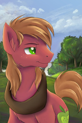 Size: 1650x2475 | Tagged: safe, artist:ardail, big macintosh, earth pony, pony, g4, apple tree, bedroom eyes, cute, fluffy, looking back, macabetes, male, mouth hold, smiling, solo, stallion, sweet apple acres, tree