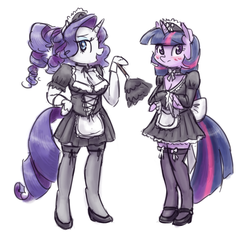 Size: 1000x965 | Tagged: safe, artist:king-kakapo, rarity, twilight sparkle, anthro, unguligrade anthro, g4, arm hooves, blushing, breasts, cleavage, clothes, duo, duster, female, high heels, hoof hold, maid, simple background, sketch, skirt, stockings, white background, zettai ryouiki