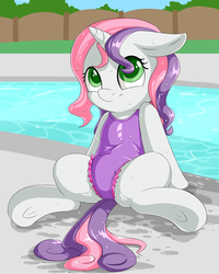 Size: 2000x2500 | Tagged: safe, artist:fearingfun, sweetie belle, pony, unicorn, g4, clothes, cute, diasweetes, female, filly, foal, high res, looking up, one-piece swimsuit, sitting, smiling, solo, swimming pool, swimsuit, underhoof, water, wet, wet mane, young