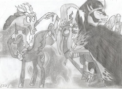Size: 2421x1756 | Tagged: safe, artist:caine, discord, king sombra, nightmare moon, queen chrysalis, g4, high res, monochrome