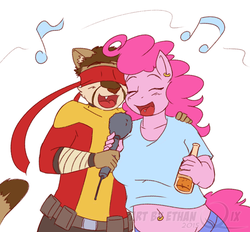 Size: 550x511 | Tagged: safe, artist:ethanqix, pinkie pie, oc, anthro, g4, alcohol, belly button, belly piercing, bellyring, blindfold, furry, karaoke, microphone, non-mlp oc, piercing, singing