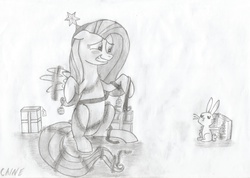 Size: 2421x1720 | Tagged: safe, artist:caine, angel bunny, fluttershy, g4, christmas, monochrome