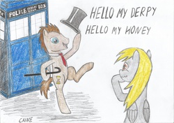 Size: 3507x2474 | Tagged: safe, artist:caine, derpy hooves, doctor whooves, time turner, pony, g4, cane, hat, high res, looney tunes, male, michigan j. frog, one froggy evening, police box, ship:doctorderpy, shipping, stallion, straight, tardis, top hat, traditional art