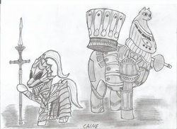Size: 3507x2550 | Tagged: safe, artist:caine, armor, dark souls, dragon slayer ornstein, executioner smough, high res, monochrome, ponified, signature, traditional art