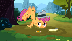 Size: 1280x720 | Tagged: safe, screencap, scootaloo, g4, ponyville confidential, female, hat, notepad, outfit catalog, scootaloo can't fly, solo