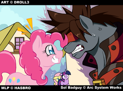 Size: 1003x748 | Tagged: safe, artist:droll3, fluttershy, pinkie pie, twilight sparkle, g4, crossover, guilty gear, ponified, sol badguy