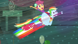 Size: 1920x1080 | Tagged: safe, screencap, rainbow dash, scootaloo, human, equestria girls, g4, my little pony equestria girls, fall formal, fall formal outfits, female, flying, humanized, humans riding humans, ponied up, pony ears, riding, scootaloo riding rainbow dash, scootalove, sleeveless, winged humanization, wings