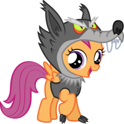 Size: 2880x2863 | Tagged: safe, scootaloo, pegasus, pony, g4, luna eclipsed, official, animal costume, castle creator, clothes, costume, female, high res, scootawolf, simple background, solo, transparent background, vector, wolf costume