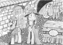 Size: 3507x2492 | Tagged: safe, artist:caine, oc, discworld, high res, ponified, rincewind, the luggage, traditional art, twoflower