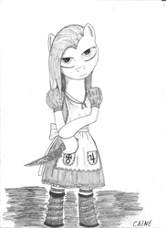 Size: 2550x3507 | Tagged: safe, artist:caine, pinkie pie, g4, alice: madness returns, clothes, dress, female, high res, knife, monochrome, pinkamena diane pie, solo