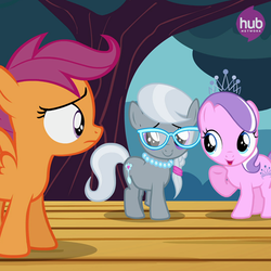 Size: 549x548 | Tagged: safe, diamond tiara, scootaloo, silver spoon, flight to the finish, g4, facebook