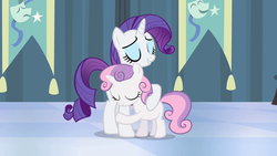 Size: 1280x720 | Tagged: safe, screencap, rarity, sweetie belle, pony, unicorn, for whom the sweetie belle toils, g4, season 4, cute, diasweetes, duo, duo female, eyes closed, female, filly, hug, mare, raribetes, reformed, sibling love, siblings, sisterly love, sisters, smiling