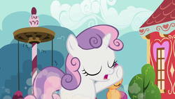 Size: 1280x720 | Tagged: safe, screencap, scootaloo, sweetie belle, g4, ponyville confidential, duo, eyes closed, open mouth, raised leg