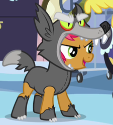 Size: 287x319 | Tagged: safe, screencap, babs seed, earth pony, pony, g4, one bad apple, adorababs, animal costume, big babs wolf, clothes, costume, cropped, cute, female, solo, wolf costume