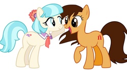 Size: 960x530 | Tagged: safe, coco pommel, oc, oc:maría teresa de los ponyos paguetti, earth pony, pony, g4, boop, brown eyes, brown mane, duo, duo female, earth pony oc, female, mare, nose wrinkle, open mouth, open smile, raised hoof, scrunchy face, simple background, smiling, standing, white background