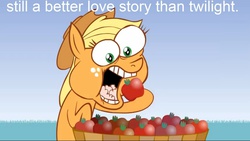 Size: 1600x900 | Tagged: safe, artist:hotdiggedydemon, applejack, .mov, g4, apple, derail in the comments, eating, image macro, love, meme, still a better love story than twilight, still a better x than y, that pony sure does love apples