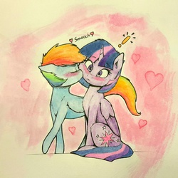 Size: 1837x1836 | Tagged: safe, artist:captainpudgemuffin, rainbow dash, twilight sparkle, alicorn, pony, g4, blushing, cute, female, kissing, lesbian, mare, ship:twidash, shipping, traditional art, twilight sparkle (alicorn), weapons-grade cute