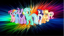 Size: 736x414 | Tagged: safe, applejack, fluttershy, lyra heartstrings, pinkie pie, rainbow dash, rarity, twilight sparkle, g4, mane six