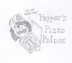 Size: 1280x1113 | Tagged: safe, artist:zacharyisaacs, oc, oc only, oc:pepper dust, pegasus, pony, cute, hat, italian, monochrome, moustache, open mouth, pi, pizza, pizza pi, pun, smiling, wink