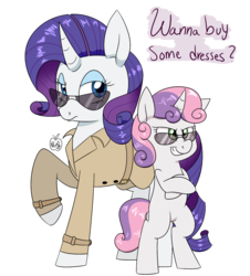 Size: 1231x1363 | Tagged: safe, artist:notenoughapples, rarity, sweetie belle, pony, g4, bipedal, clothes, sisters, sunglasses, trenchcoat