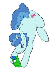 Size: 1007x1327 | Tagged: safe, artist:spaceponiesinthongs, party favor, pony, unicorn, g4, game boy, male, playing, solo, video game