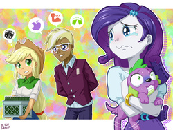 Size: 1000x750 | Tagged: safe, artist:uotapo, applejack, rarity, spike, spike the regular dog, trenderhoof, dog, human, equestria girls, g4, my little pony equestria girls: friendship games, simple ways, apple (company), apple cider, awkward, clothes, crying, crystal prep academy uniform, female, hilarious in hindsight, holding a dog, logo, male, paws, school uniform, ship:sparity, shipping, shipping denied, squeezing, straight, suffocating, trenderjack