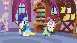 Size: 1280x720 | Tagged: safe, screencap, rarity, sweetie belle, g4, sisterhooves social, clothes, faic