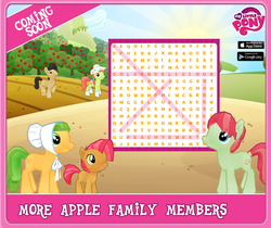 Size: 940x788 | Tagged: safe, gameloft, apple dumpling, babs seed, golden delicious, peachy sweet, perfect pie, earth pony, pony, g4, official, apple family member, female, filly, fim logo, male, mare, my little pony logo, promotional art, stallion, text, word search, wordsearch
