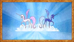Size: 1280x720 | Tagged: safe, screencap, princess celestia, princess luna, alicorn, pony, friendship is magic, g4, season 1, book, cloud, cold opening, duo, female, hooves, horn, illustration, it begins, mare, on a cloud, pink-mane celestia, pony history, raised hoof, royal sisters, s1 luna, sisters, spread wings, standing on a cloud, start of ponies, storybook, wings