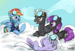 Size: 3540x2438 | Tagged: safe, artist:lostinthetrees, cloudchaser, rainbow dash, thunderlane, oc, oc:lightning rain, pegasus, pony, g4, backwards cutie mark, cloud, cloudy, female, goggles, high res, male, mare, prone, sitting, stallion, wonderbolts dress uniform