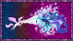 Size: 1280x720 | Tagged: safe, screencap, nightmare moon, princess celestia, alicorn, pony, friendship is magic, g4, elements of harmony, female, magic, magic blast, mare, pink-mane celestia