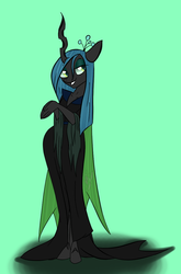 Size: 782x1184 | Tagged: safe, artist:rubbermage, artist:rubi, queen chrysalis, changeling, changeling queen, anthro, unguligrade anthro, g4, clothes, crown, dress, female, jewelry, regalia, smiling, solo