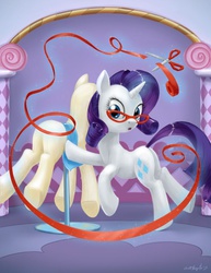 Size: 636x824 | Tagged: safe, artist:giantmosquito, rarity, pony, unicorn, g4, butt, carousel boutique, fabric, female, glasses, levitation, looking at you, magic, mannequin, plot, rarity's glasses, ribbon, scissors, solo, sparkles