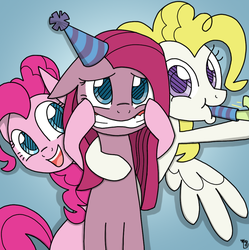 Size: 1022x1028 | Tagged: safe, artist:galefeather, pinkie pie, surprise, g4, fanfic art, hat, multiple personality, party hat, party horn, pinkamena diane pie, pinkie personalities, trinity pie