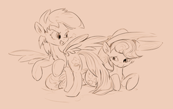 Size: 1280x807 | Tagged: safe, artist:mozakiaeolus, applejack, rainbow dash, g4, monochrome, sketch