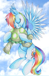 Size: 2170x3343 | Tagged: safe, artist:rosha-krieger, rainbow dash, tank, g4, flying, high res, hug